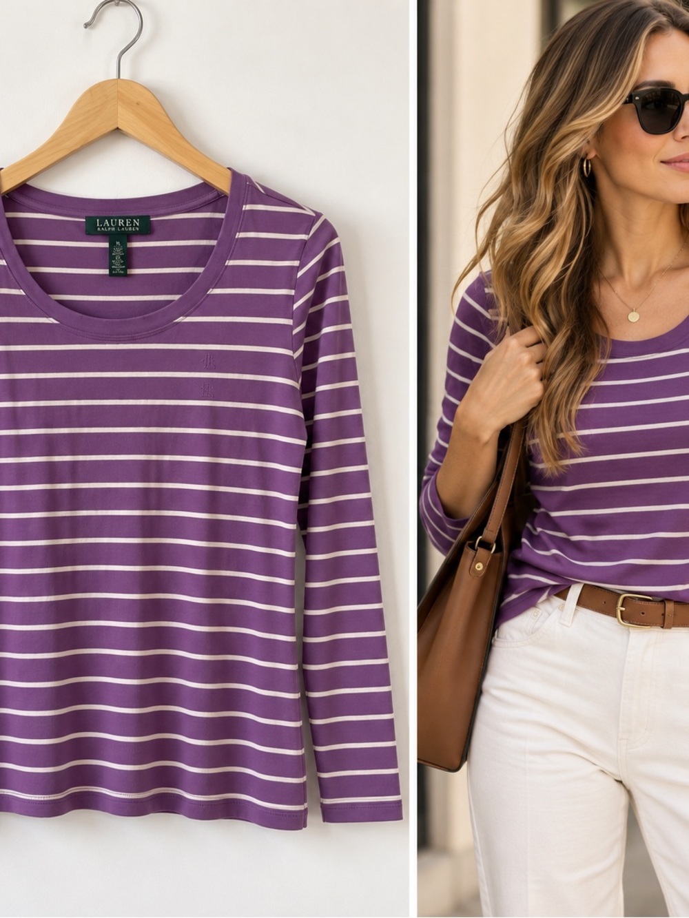 Lauren Ralph Lauren Purple & White Striped Long-Sleeve Tee